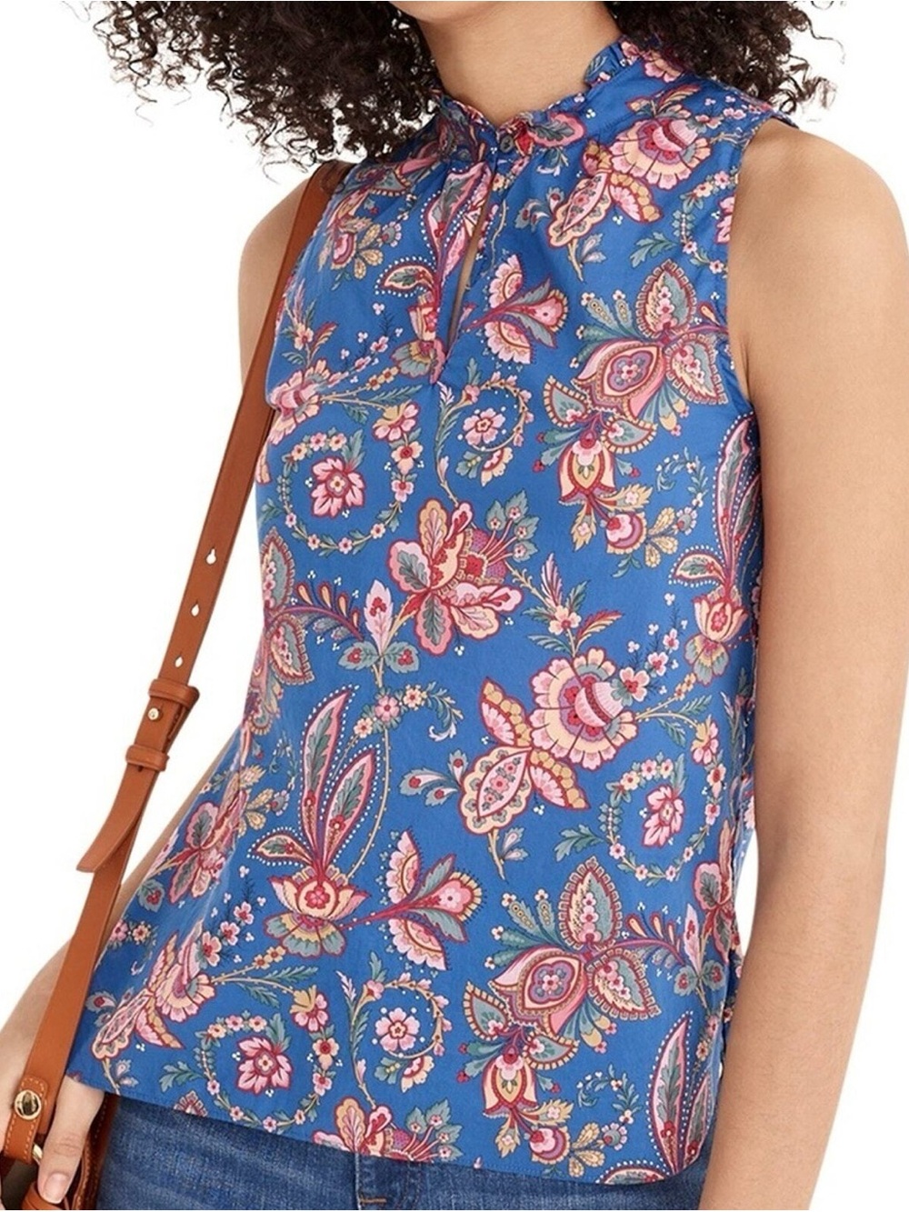J. Crew Blue Paisley Floral Ruffle-Neck Sleeveless Camisole